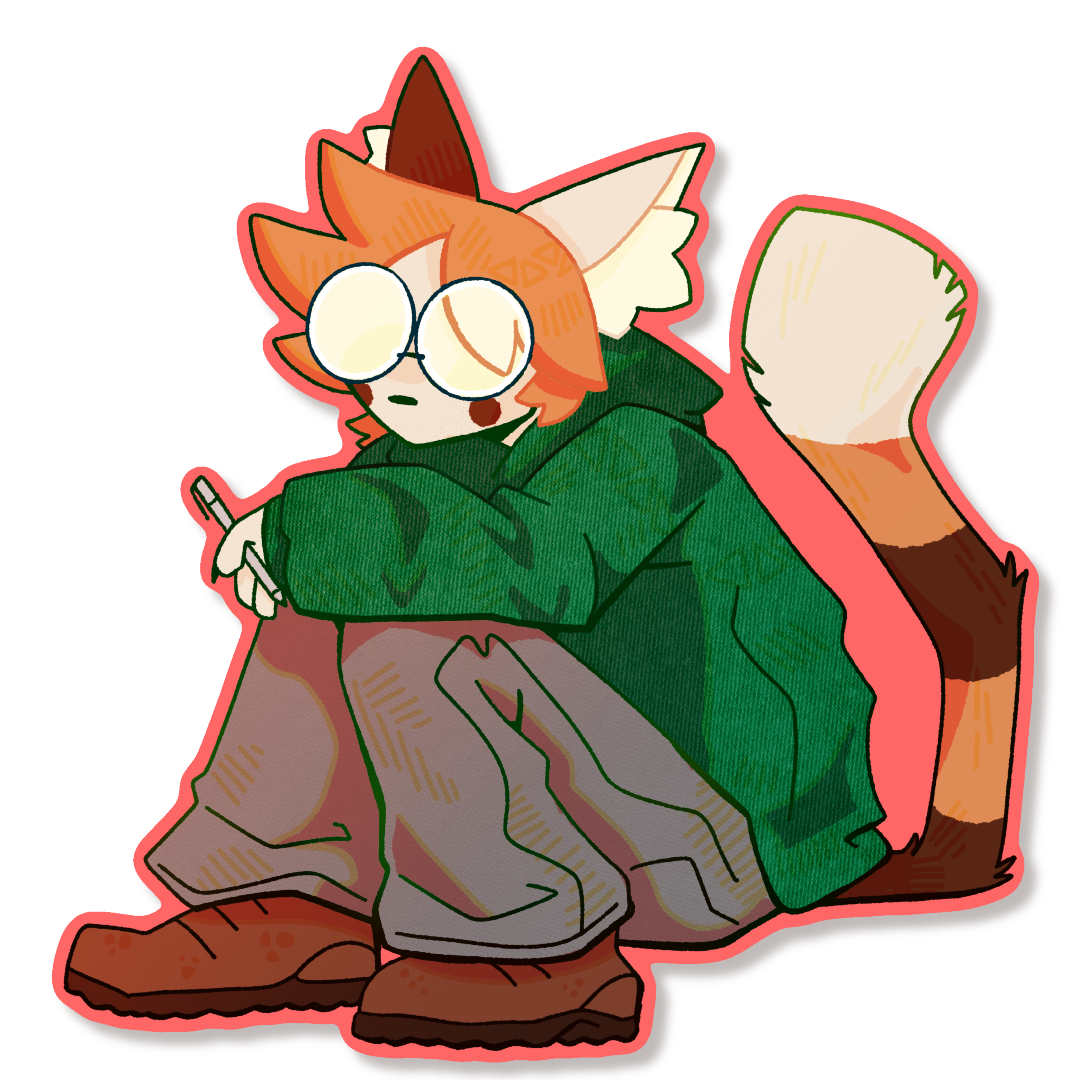 A calico cat in a green jacket and jeans, holding a pen.